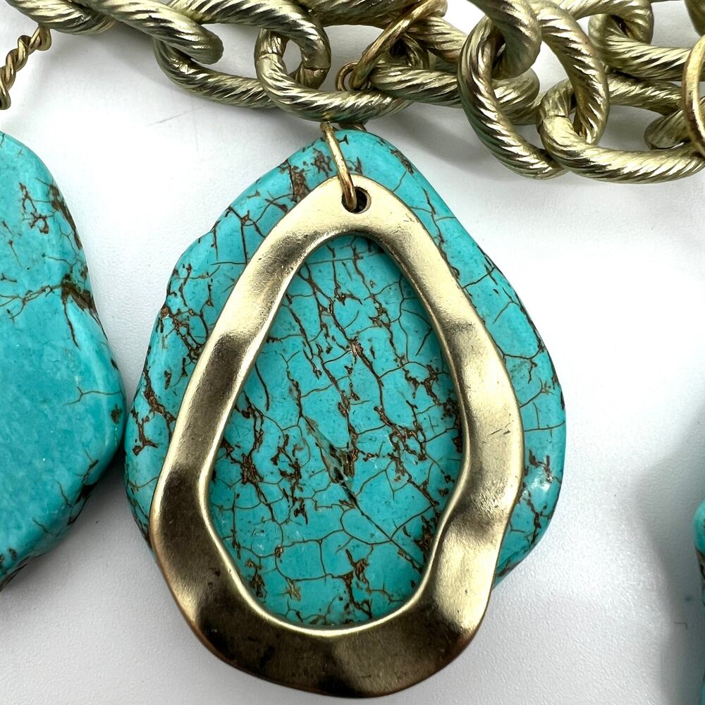 Vintage Artisan Turquoise Stone Slab And Gold Tone Chunky Necklace View 2